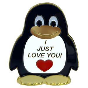 Penguin "I Just Love You" pin with dual pin posts and deluxe safety locking clasps CL2-08 - www.ChallengeCoinCreations.com