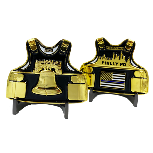 Philly PD Police Body Armor Thin Blue Line Flag Challenge Coins Philadelphia Liberty Bell AA-001 - www.ChallengeCoinCreations.com