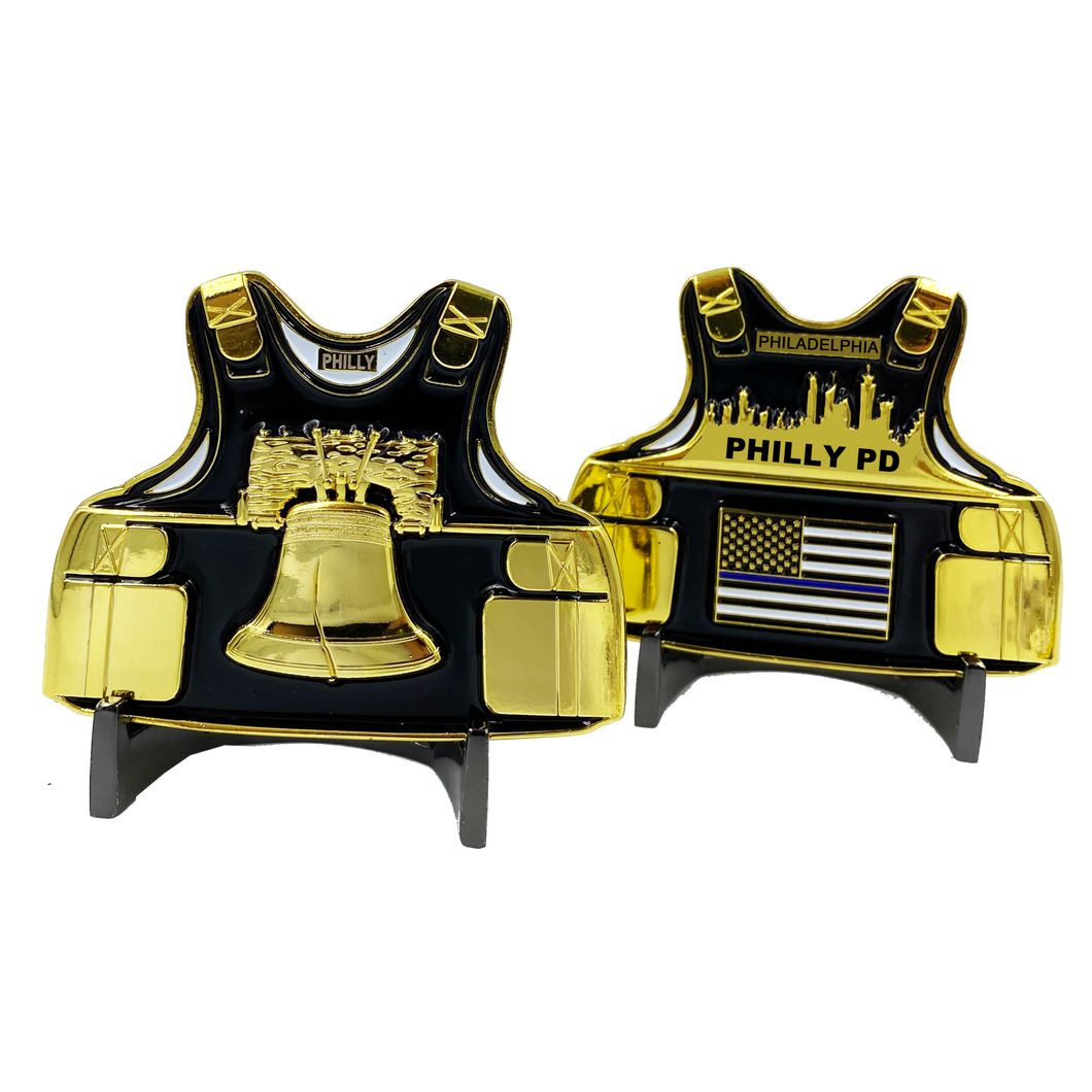 Philly PD Police Body Armor Thin Blue Line Flag Challenge Coins Philadelphia Liberty Bell AA-001 - www.ChallengeCoinCreations.com