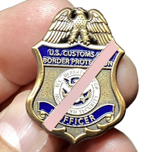 Load image into Gallery viewer, CBP Officer Thin Pink Line Breast Cancer Awareness Mourning Band Pin with dual pin posts Field Operations Ops CL13-05 - www.ChallengeCoinCreations.com