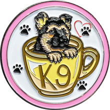 Load image into Gallery viewer, Cute PINK K9 Puppy in coffee mug canine challenge coin police service dog handler BL14-004 - www.ChallengeCoinCreations.com