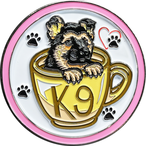 Cute PINK K9 Puppy in coffee mug canine challenge coin police service dog handler BL14-004 - www.ChallengeCoinCreations.com