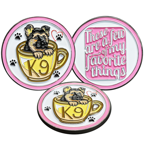 Cute PINK K9 Puppy in coffee mug canine challenge coin police service dog handler BL14-004 - www.ChallengeCoinCreations.com