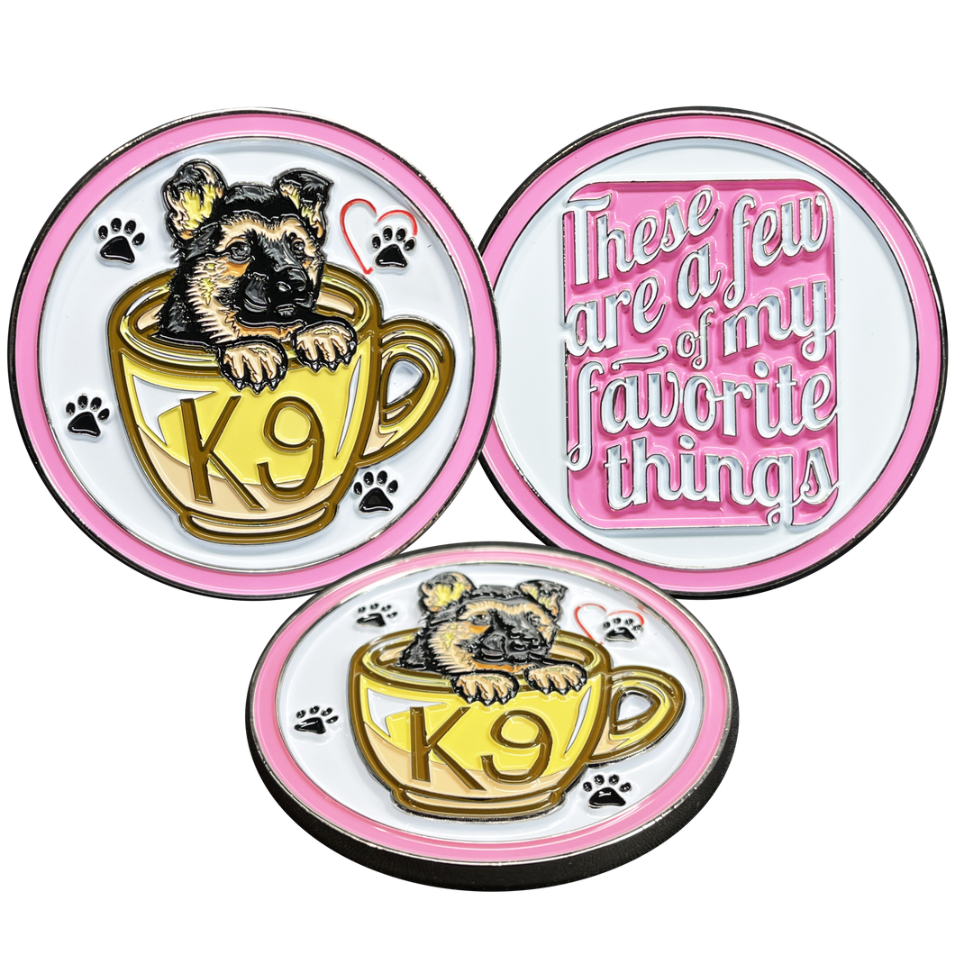 Cute PINK K9 Puppy in coffee mug canine challenge coin police service dog handler BL14-004 - www.ChallengeCoinCreations.com