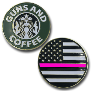 Thin Pink Line Guns and Coffee Challenge Coin Police NYPD CBP FBI ATF Law Enforcement Breast Cancer KK-014A - www.ChallengeCoinCreations.com