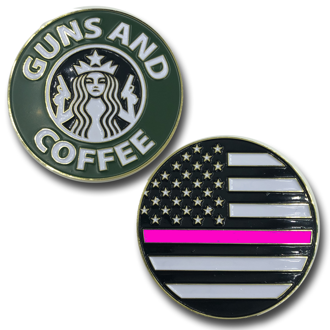 Thin Pink Line Guns and Coffee Challenge Coin Police NYPD CBP FBI ATF Law Enforcement Breast Cancer KK-014A - www.ChallengeCoinCreations.com