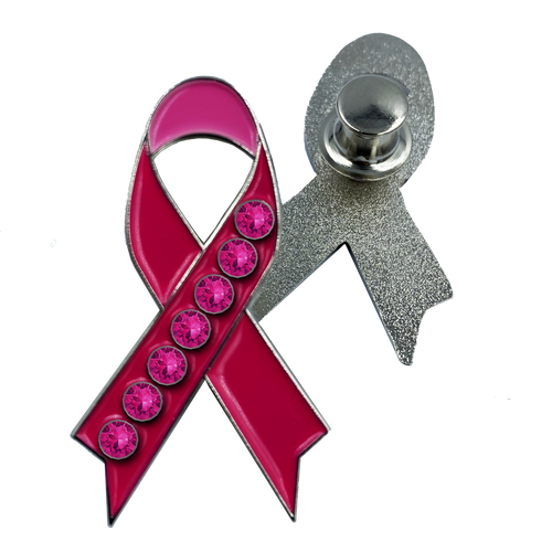 Pink Ribbon with 7 pink rhinestone crystals Breast Cancer Awareness Pin P-003 - www.ChallengeCoinCreations.com