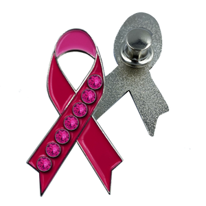 Pink Ribbon with 7 pink rhinestone crystals Breast Cancer Awareness Pin P-003 - www.ChallengeCoinCreations.com