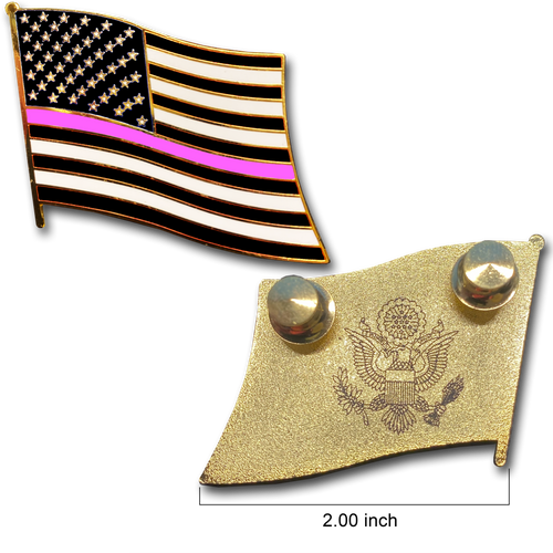 Thin Pink Line Large cloisonné American Flag Lapel Pin with 2 pin posts, 2 deluxe clasps Breast Cancer Police P-025 - www.ChallengeCoinCreations.com
