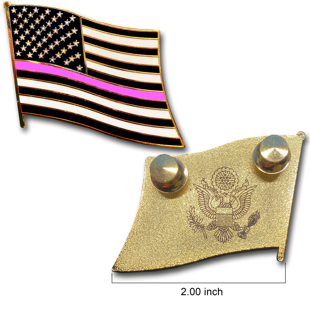 Thin Pink Line Large cloisonné American Flag Lapel Pin with 2 pin posts, 2 deluxe clasps Breast Cancer Police P-025 - www.ChallengeCoinCreations.com