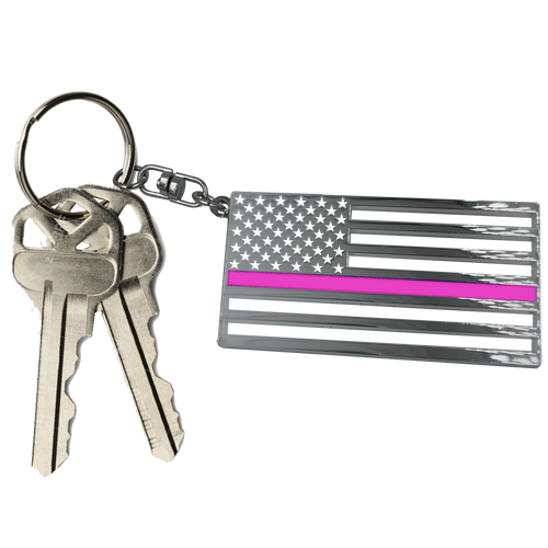Thin Pink Line Breast Cancer Awareness American Flag die-cut chrome challenge coin keychain with swivel and 1