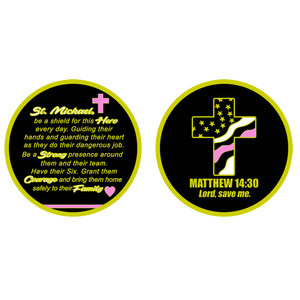 Thin Pink Line Breast Cancer Awareness Survivor Prayer Saint Michael Protect Us Matthew 14:30 Challenge Coin