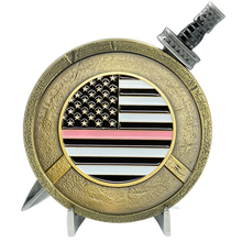 Load image into Gallery viewer, Breast Cancer Awareness Warrior Gladiator Survivor Thin Pink Line Shield with removable Sword Challenge Coin Set Police Sheriff Deputy Marines Army Air Force Navy Coast Guard EL3-019 - www.ChallengeCoinCreations.com