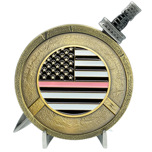 Breast Cancer Awareness Warrior Gladiator Survivor Thin Pink Line Shield with removable Sword Challenge Coin Set Police Sheriff Deputy Marines Army Air Force Navy Coast Guard EL3-019 - www.ChallengeCoinCreations.com