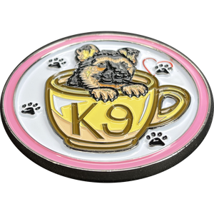 Cute PINK K9 Puppy in coffee mug canine challenge coin police service dog handler BL14-004 - www.ChallengeCoinCreations.com