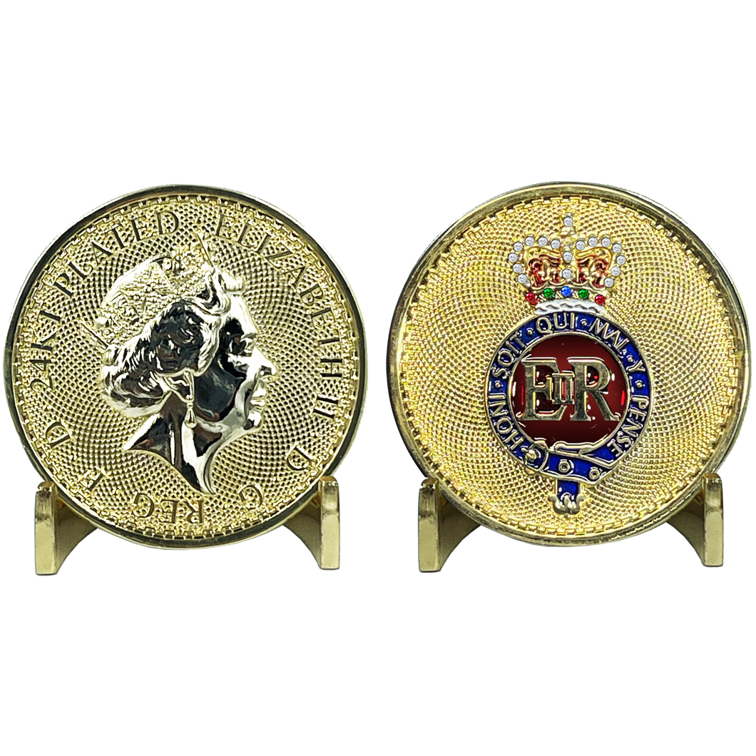 Queen Elizabeth 24KT Gold Plated Challenge Coin UK Queen's Guard Grenadier Guards Buckingham Palace BL8-010 - www.ChallengeCoinCreations.com