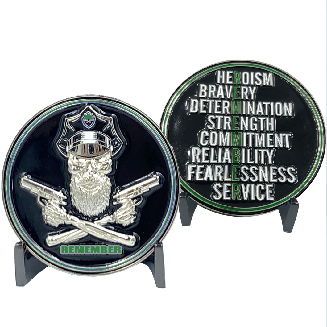 REMEMBER Thin Green Line Beard Gang Skull Border Patrol Agent Deputy Sheriff Army Marines Challenge Coin Corrections CBP DL1-20 - www.ChallengeCoinCreations.com