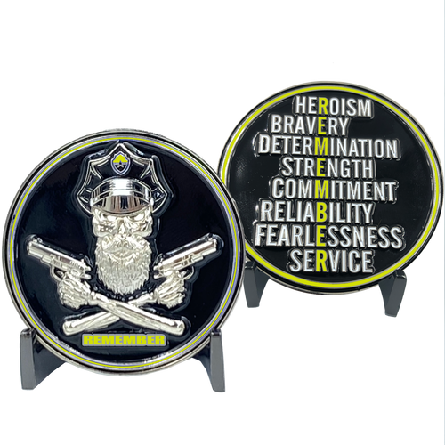 REMEMBER Thin Gold Line Beard Gang Skull 911 Emergency Dispatcher Challenge Coin yellow DL2-19 - www.ChallengeCoinCreations.com