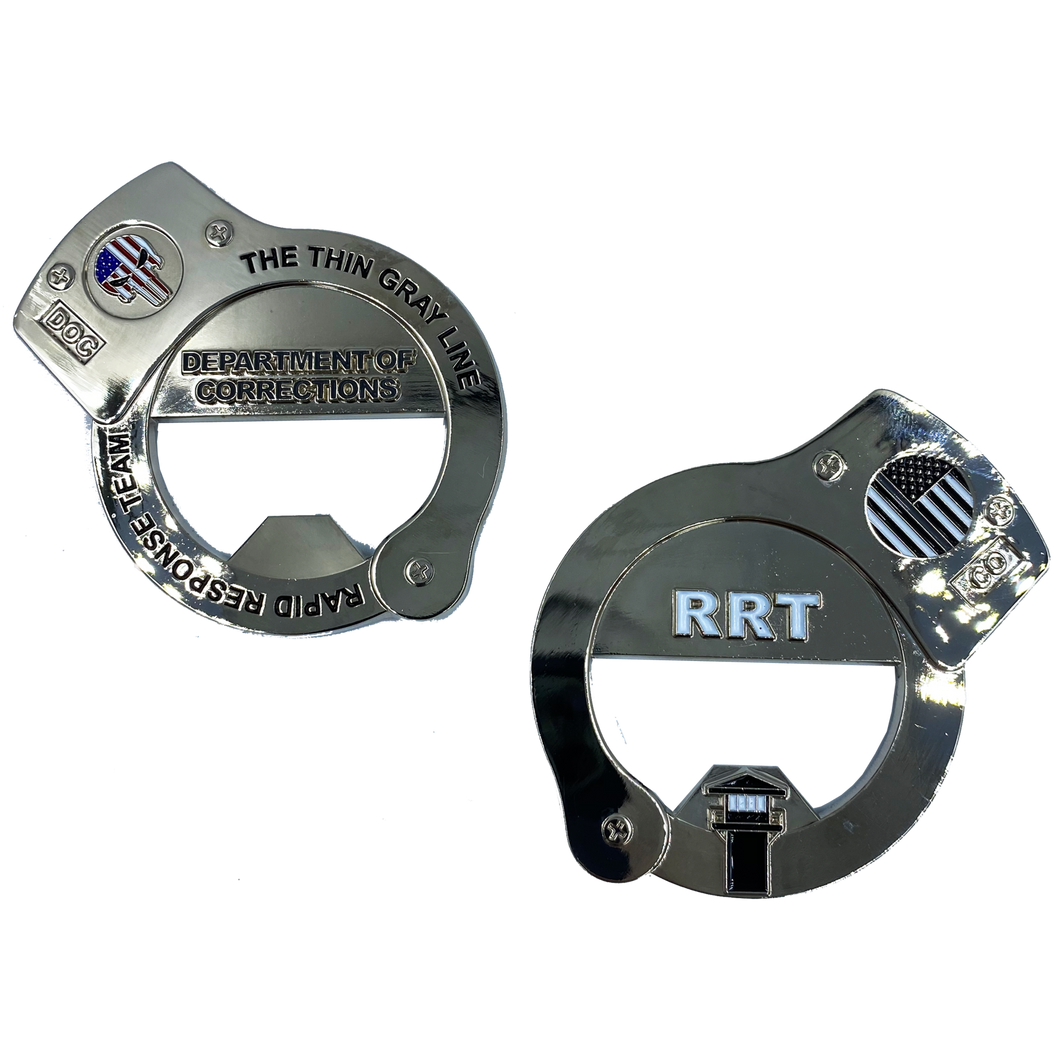 RRT Rapid Response Team Thin Gray Line Skull HANDCUFFs Challenge Coin Bottle Opener Corrections Correctional Officer SK-020 - www.ChallengeCoinCreations.com