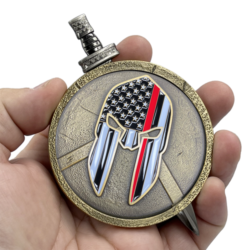 Fire Department Fire Fighter Warrior Gladiator Thin Red Line Shield with removable Sword Challenge Coin Set EMT Paramedic Emergency Services Rescue EL4-019 - www.ChallengeCoinCreations.com