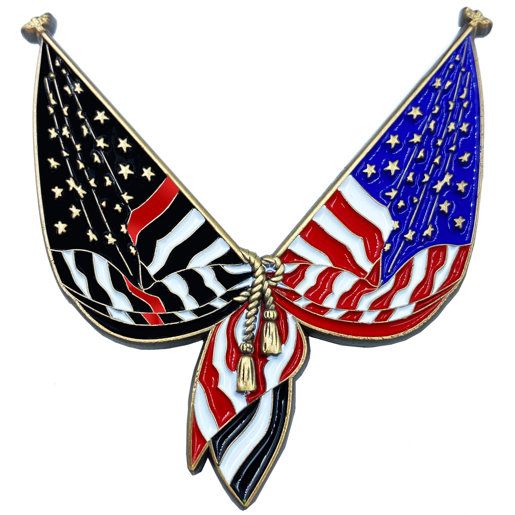 Thin Red Line Flag Pin 2 inch with dual pin posts Fire Department Fighter Rescue DL10-04 - www.ChallengeCoinCreations.com