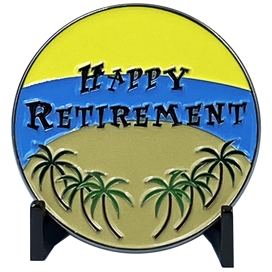 Happy Retirement Police Officer Challenge Coin Car Palm Tree Beach Gift Thin Blue Line DL5-12 - www.ChallengeCoinCreations.com