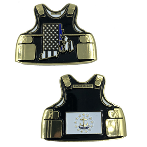 Rhode Island LEO Thin Blue Line Police Body Armor State Flag Challenge Coins C-001 - www.ChallengeCoinCreations.com