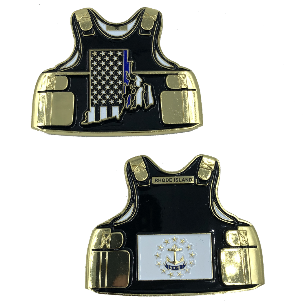 Rhode Island LEO Thin Blue Line Police Body Armor State Flag Challenge Coins C-001 - www.ChallengeCoinCreations.com