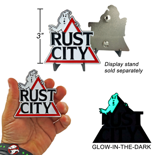 26-GB Rust City Ghostbusters Pin with two pin posts Glow-in-the-dark - www.ChallengeCoinCreations.com