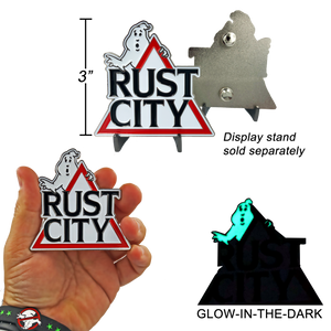 26-GB Rust City Ghostbusters Pin with two pin posts Glow-in-the-dark - www.ChallengeCoinCreations.com
