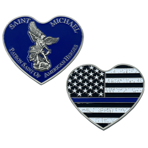 Thin BLUE Line St. Michael Heart Love Prayer Patron Saint of American Heroes nypd lapd HSI CBP Chicago Police Boston EL4-003 - www.ChallengeCoinCreations.com