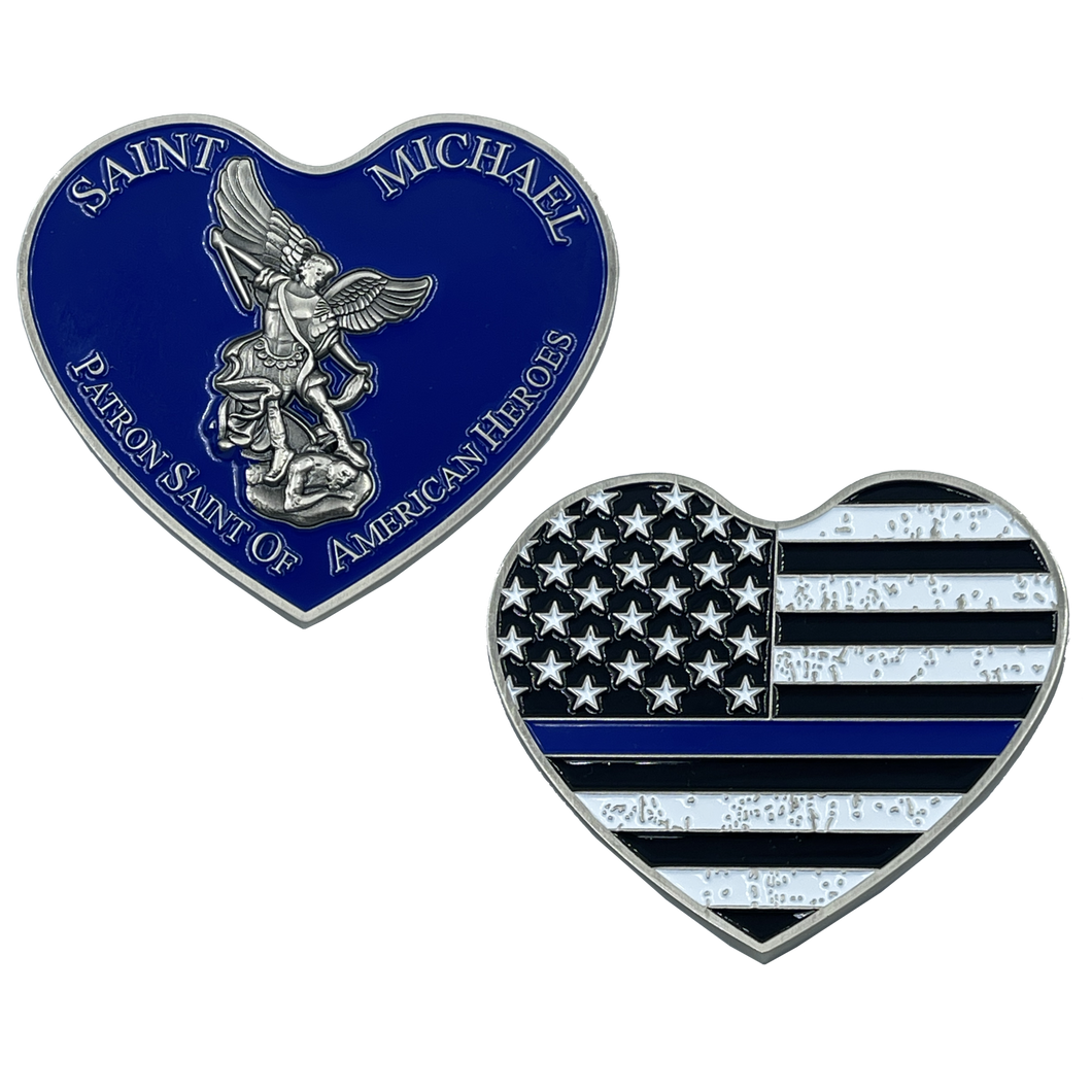 Thin BLUE Line St. Michael Heart Love Prayer Patron Saint of American Heroes nypd lapd HSI CBP Chicago Police Boston EL4-003 - www.ChallengeCoinCreations.com