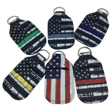 Load image into Gallery viewer, Thin Line Flag Neoprene Sanitizer Lotion Keychain First Responders Blue Green Red Gold Gray RWB