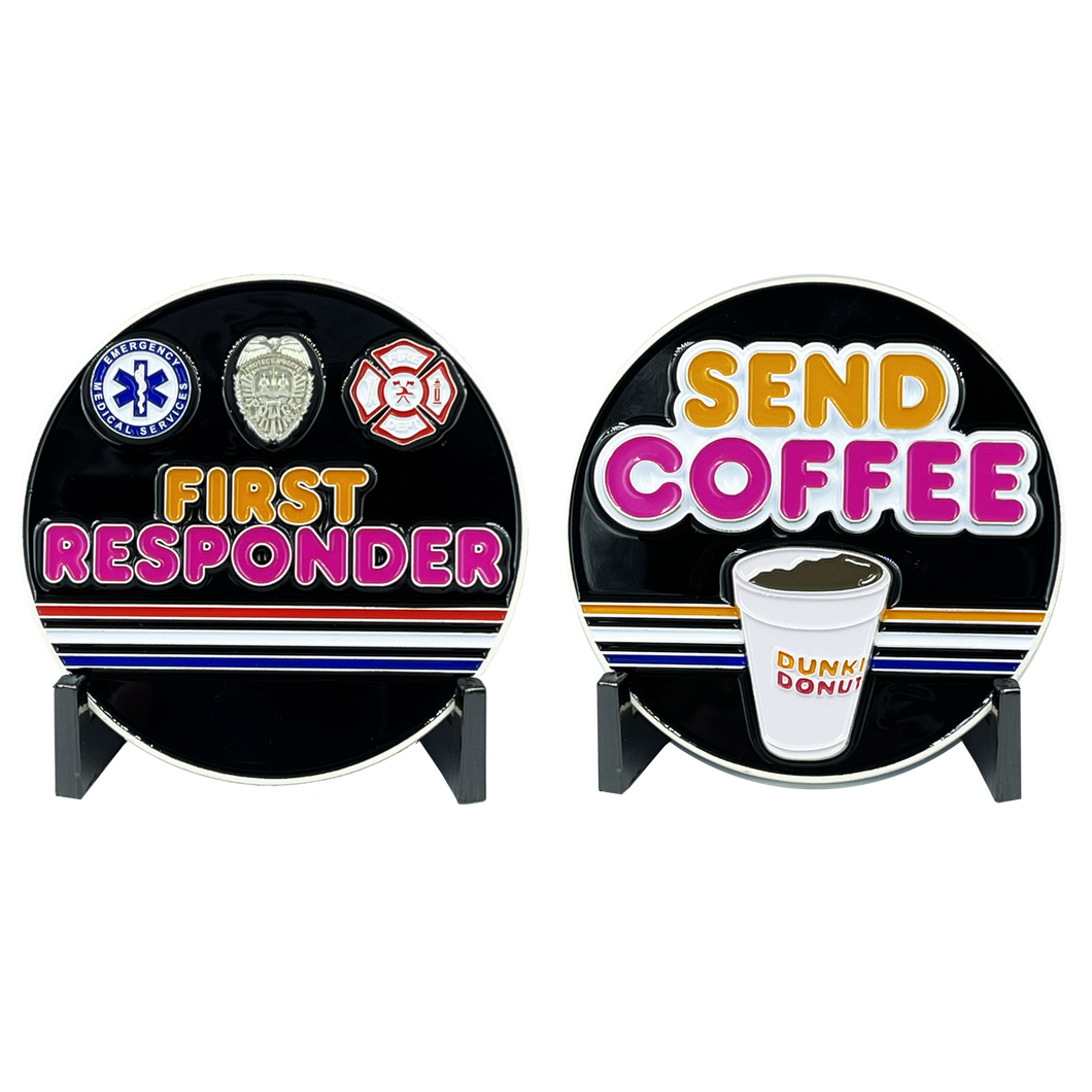 Send Coffee Donuts Police First Responders Dunkin inspired challenge coin Paramedic Firefighter Cops BL8-009 - www.ChallengeCoinCreations.com