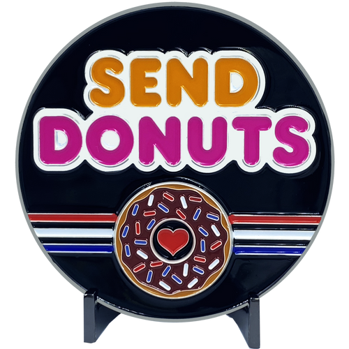 Send Donuts Police First Responders Dunkin inspired challenge coin Paramedic Firefighter Cops BL1-04B - www.ChallengeCoinCreations.com