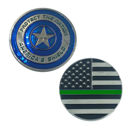 Thin Green Line Captain America Shield Police CBP Federal Agent Border Patrol Sheriff Police K-001 - www.ChallengeCoinCreations.com