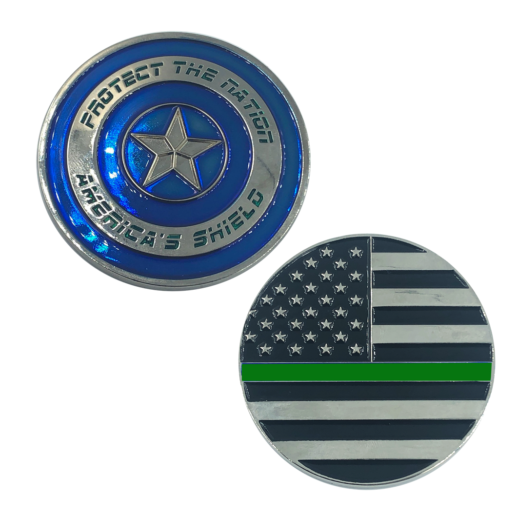 Thin Green Line Captain America Shield Police CBP Federal Agent Border Patrol Sheriff Police K-001 - www.ChallengeCoinCreations.com