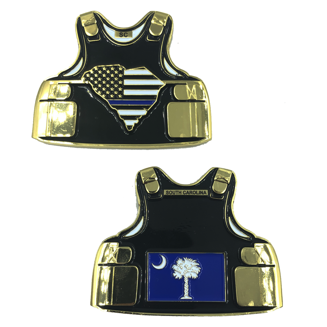 South Carolina LEO Thin Blue Line Police Body Armor State Flag Challenge Coins C-002 - www.ChallengeCoinCreations.com