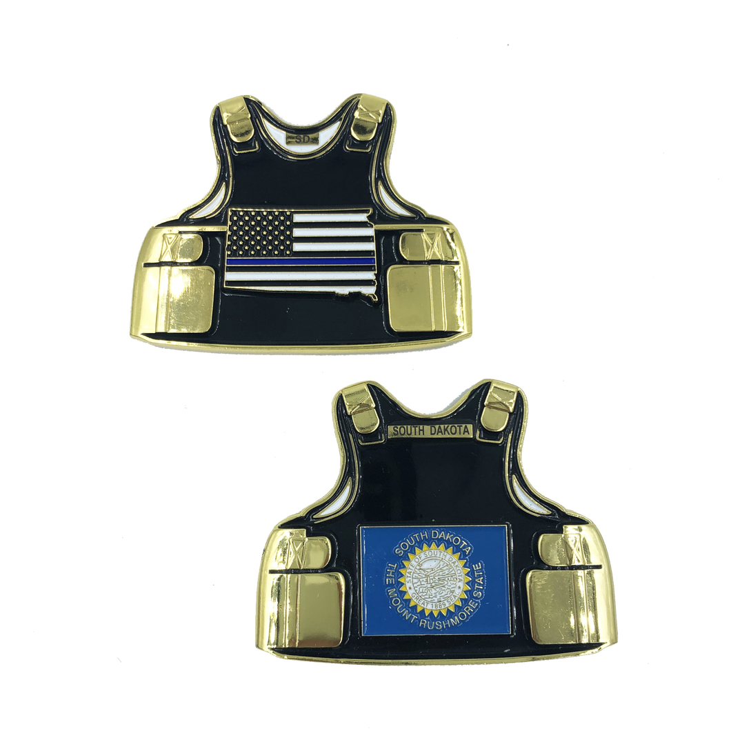 South Dakota LEO Thin Blue Line Police Body Armor State Flag Challenge Coins B-007 - www.ChallengeCoinCreations.com