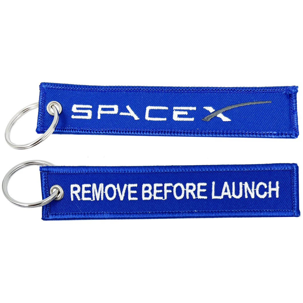 Space X REMOVE BEFORE LAUNCH blue Keychain or Luggage Tag or zipper pull SpaceX EL10-008 LKC-08 - www.ChallengeCoinCreations.com