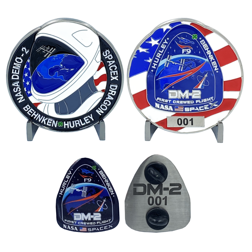 SpaceX Nasa DM-2 First Crewed Flight Challenge Coin Pin set with individual serial numbers DL11-15 - www.ChallengeCoinCreations.com