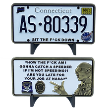 Load image into Gallery viewer, CONNECTICUT STATE POLICE TROOPER SPINA CSP License Plate Challenge Coin Thin Blue Line Nasa Employee DL6-01 - www.ChallengeCoinCreations.com