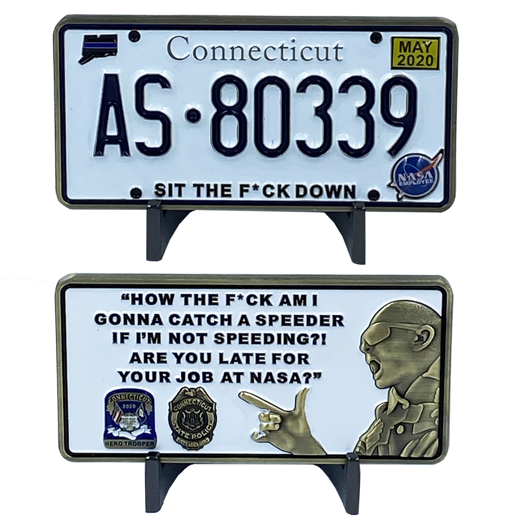 CONNECTICUT STATE POLICE TROOPER SPINA CSP License Plate Challenge Coin Thin Blue Line Nasa Employee DL6-01 - www.ChallengeCoinCreations.com