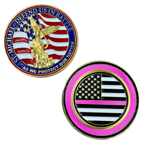 St. Michael Defend Us Police Officer's Prayer Challenge Coin Thin Pink Line Breast Cancer Awareness CL13-03 - www.ChallengeCoinCreations.com