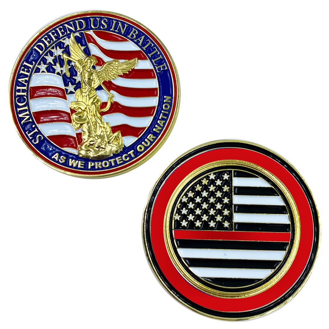 St. Michael Defend Us Police Officer's Prayer Challenge Coin Thin Red Line Fire Fighter Rescue FireFighter Department CL13-02 - www.ChallengeCoinCreations.com