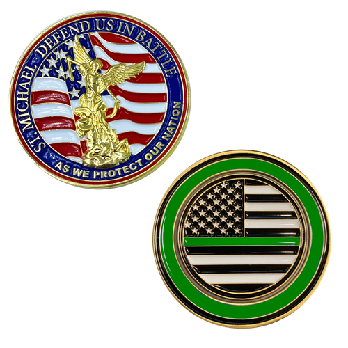 St. Michael Defend Us Police Officer's Prayer Challenge Coin Thin Green Line Law Enforcement Protect Patron Saint Sheriff Security CBP M-20 - www.ChallengeCoinCreations.com