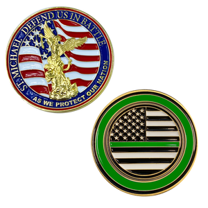 St. Michael Defend Us Police Officer's Prayer Challenge Coin Thin Green Line Law Enforcement Protect Patron Saint Sheriff Security CBP M-20 - www.ChallengeCoinCreations.com