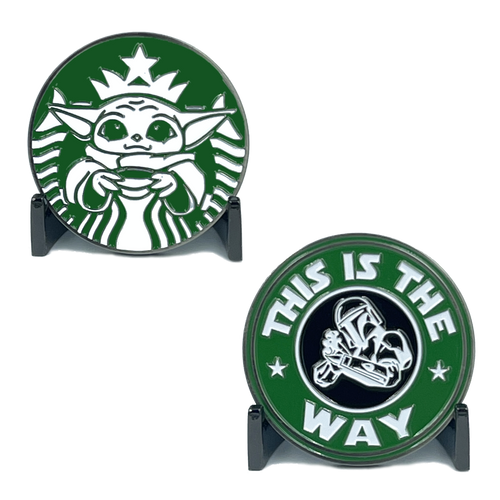 Starbucks parody challenge coin featuring Baby Yoda drinking coffee and Mandalorian This is The Way inspired by Star Wars EL7-009 - www.ChallengeCoinCreations.com