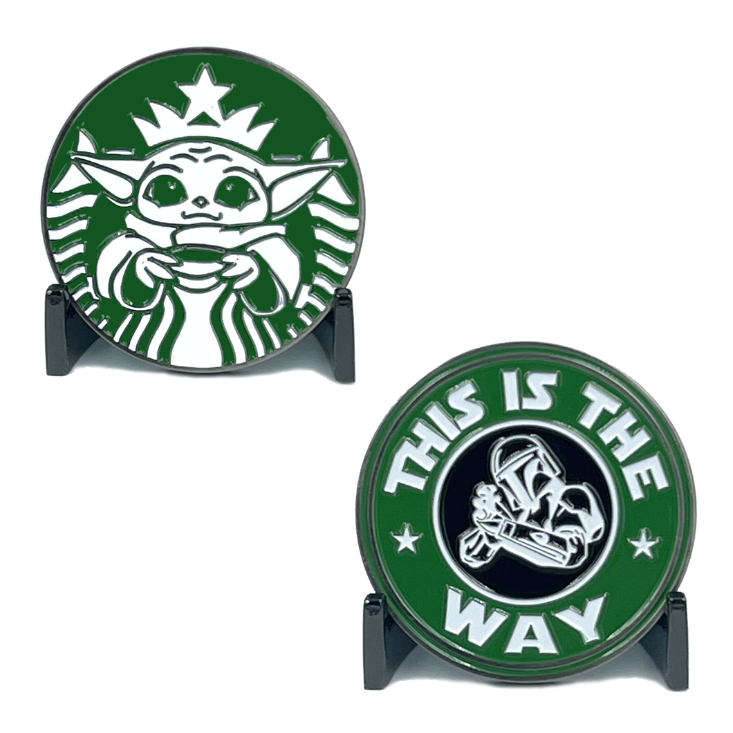 Starbucks parody challenge coin featuring Baby Yoda drinking coffee and Mandalorian This is The Way inspired by Star Wars EL7-009 - www.ChallengeCoinCreations.com
