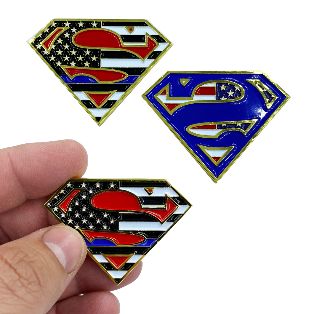 F-012 Superman Thin Blue Line Police Challenge Coin - www.ChallengeCoinCreations.com